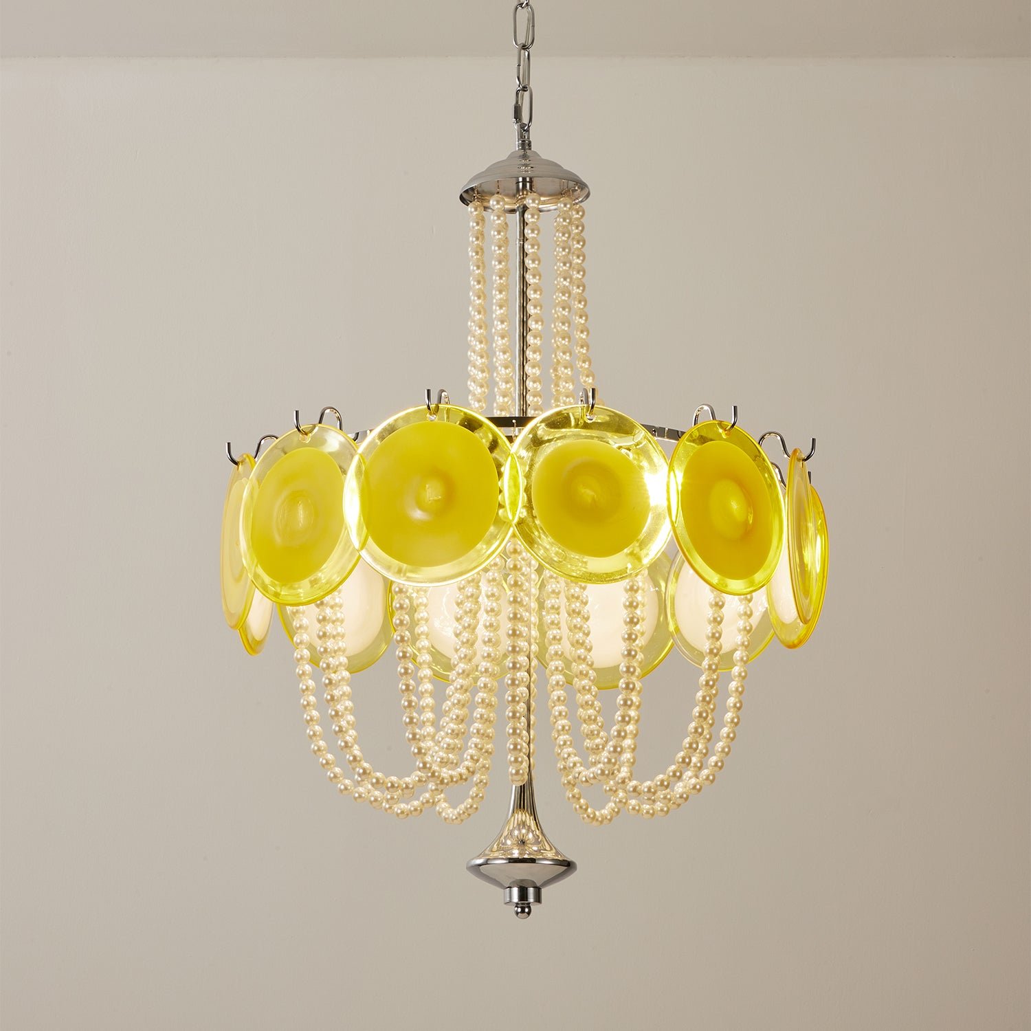 Murano Style Yellow Glass & Pearl Chandelier – Vintage Round Pendant Light - Image 13