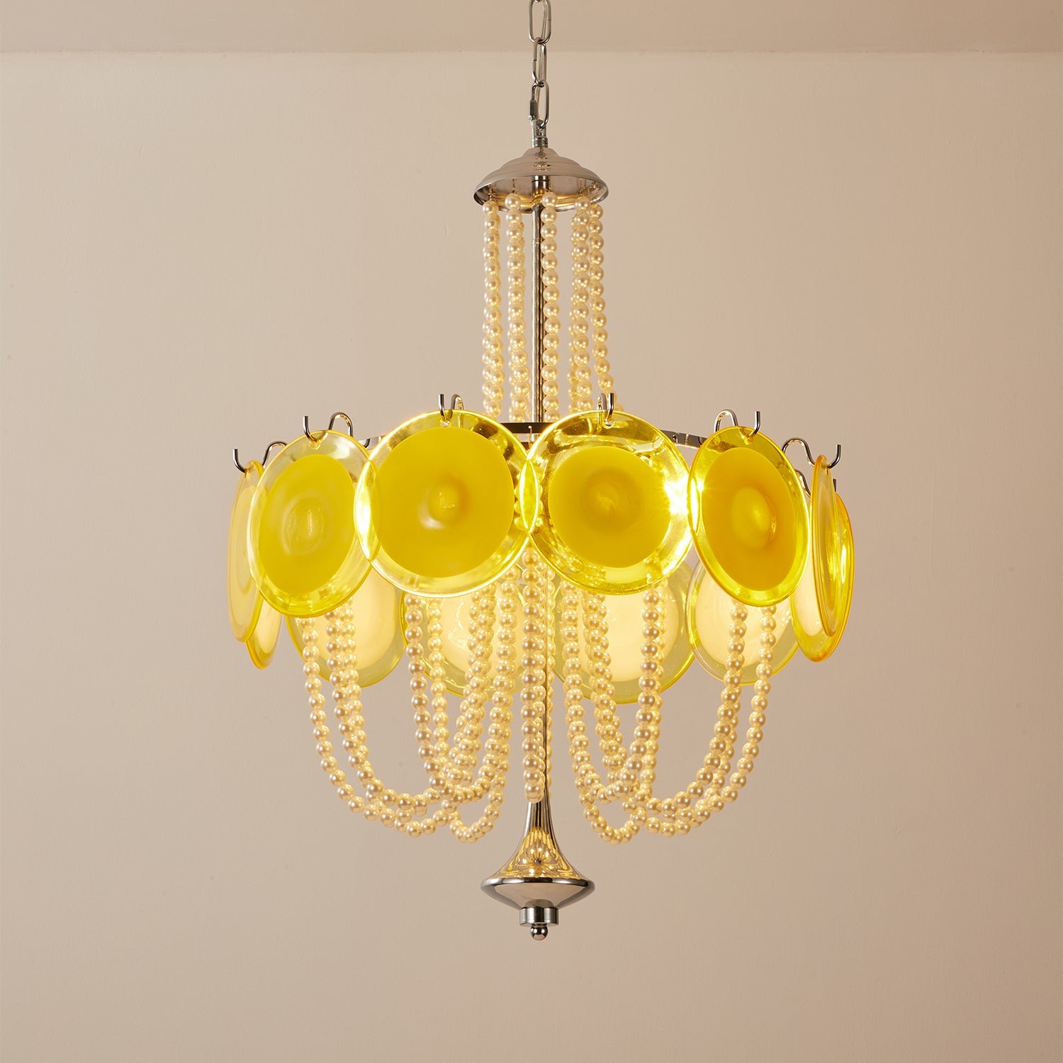 Murano Style Yellow Glass & Pearl Chandelier – Vintage Round Pendant Light - Image 14