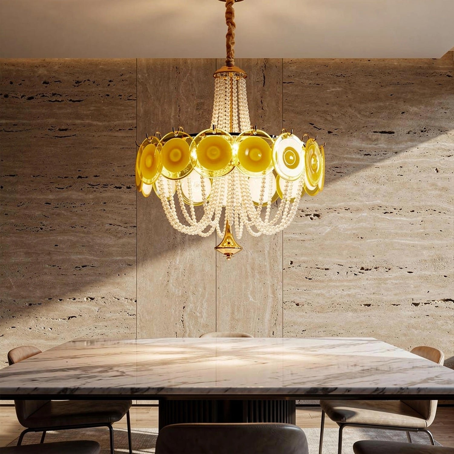 Murano Style Yellow Glass & Pearl Chandelier – Vintage Round Pendant Light - Image 15