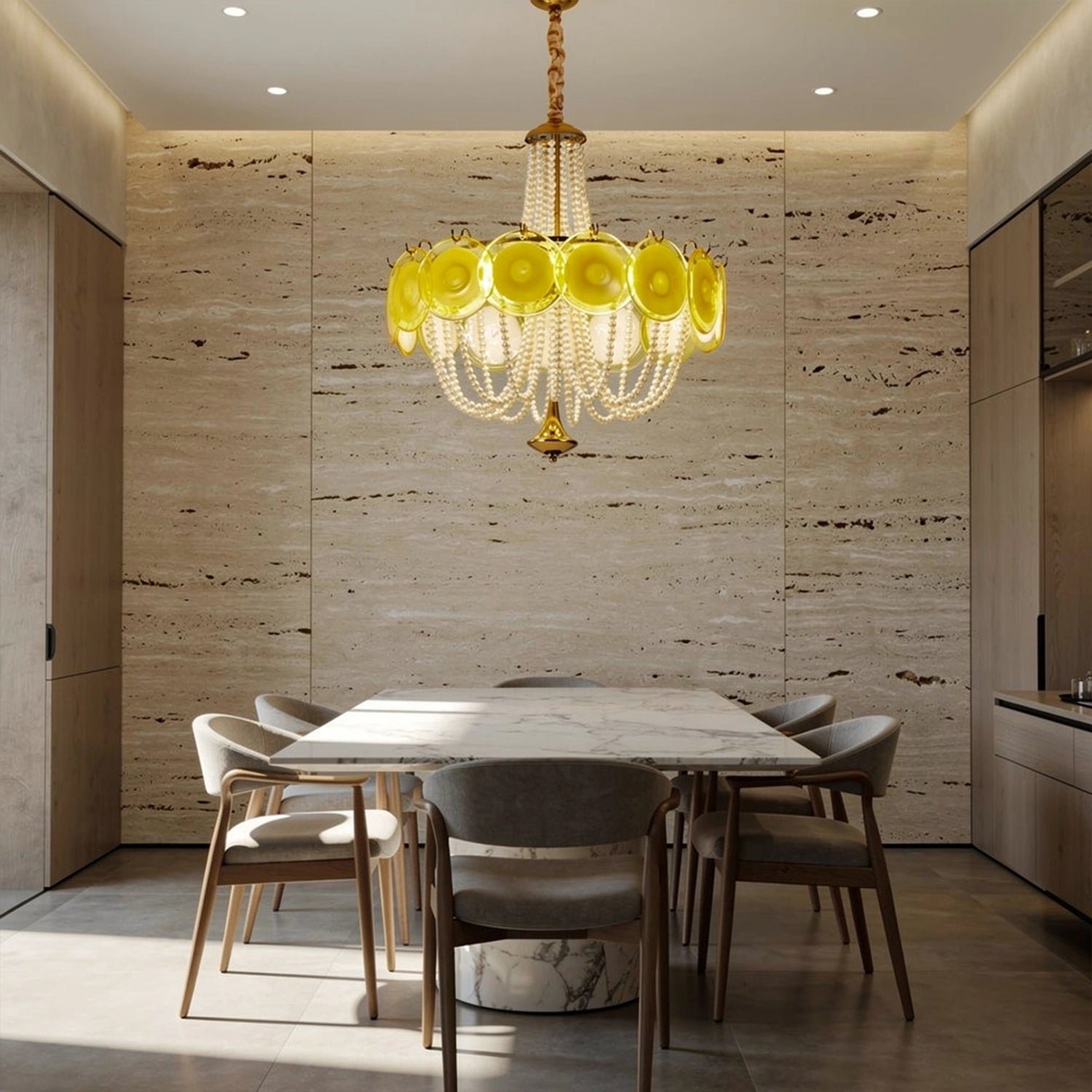 Murano Style Yellow Glass & Pearl Chandelier – Vintage Round Pendant Light - Image 16
