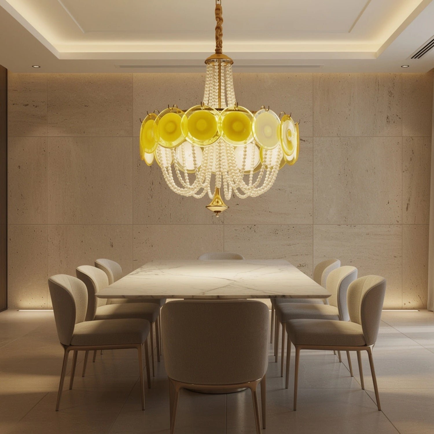 Murano Style Yellow Glass & Pearl Chandelier – Vintage Round Pendant Light - Image 5