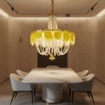 Murano Style Yellow Glass & Pearl Chandelier – Vintage Round Pendant Light - Image 6