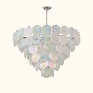 Six-tier Murano chandelier in space-age iridescent glass