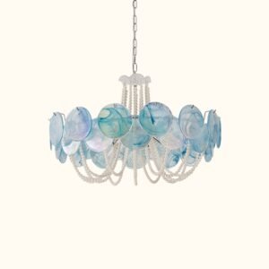 Murano Style Iridescent Blue Glass & Pearl Chandelier – Vintage Round Pendant Light