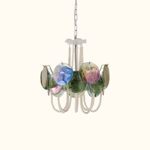 Murano Style Iridescent Green Glass & Pearl Chandelier – Vintage Round Pendant Light