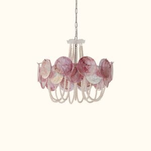 Murano Style Iridescent Pink Glass & Pearl Chandelier – Vintage Round Pendant Light