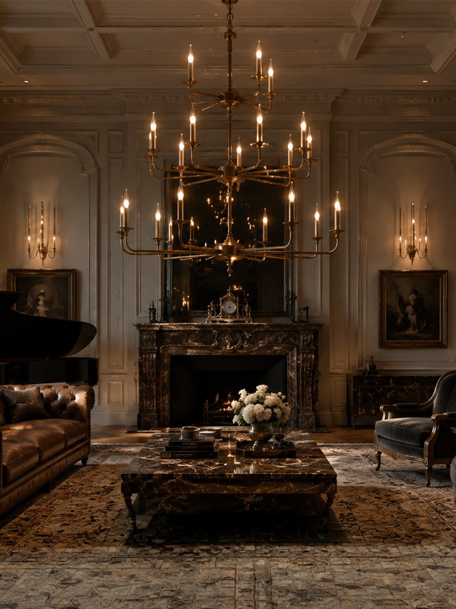 Elegant multi-tier brass chandelier in a refined classic living room