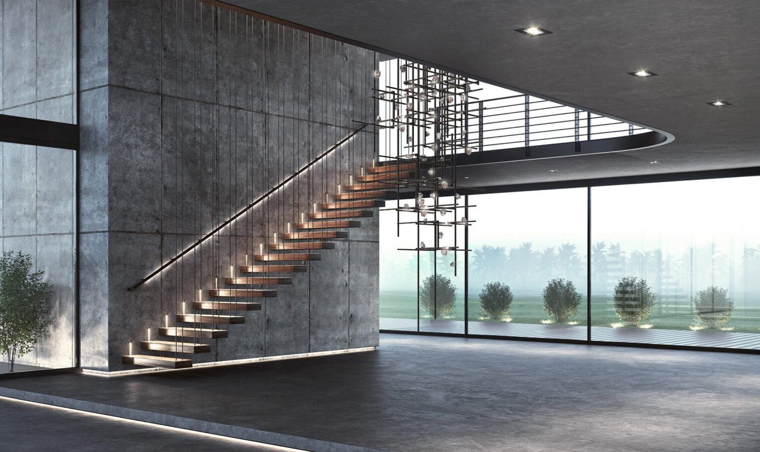 Sculptural lighting installation beside a modern concrete staircase